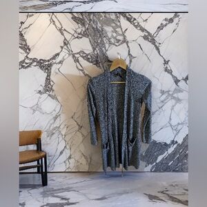 Fleurette Gray  Fleurette Black White Long Open Cardigan Sweater Pockets Gray